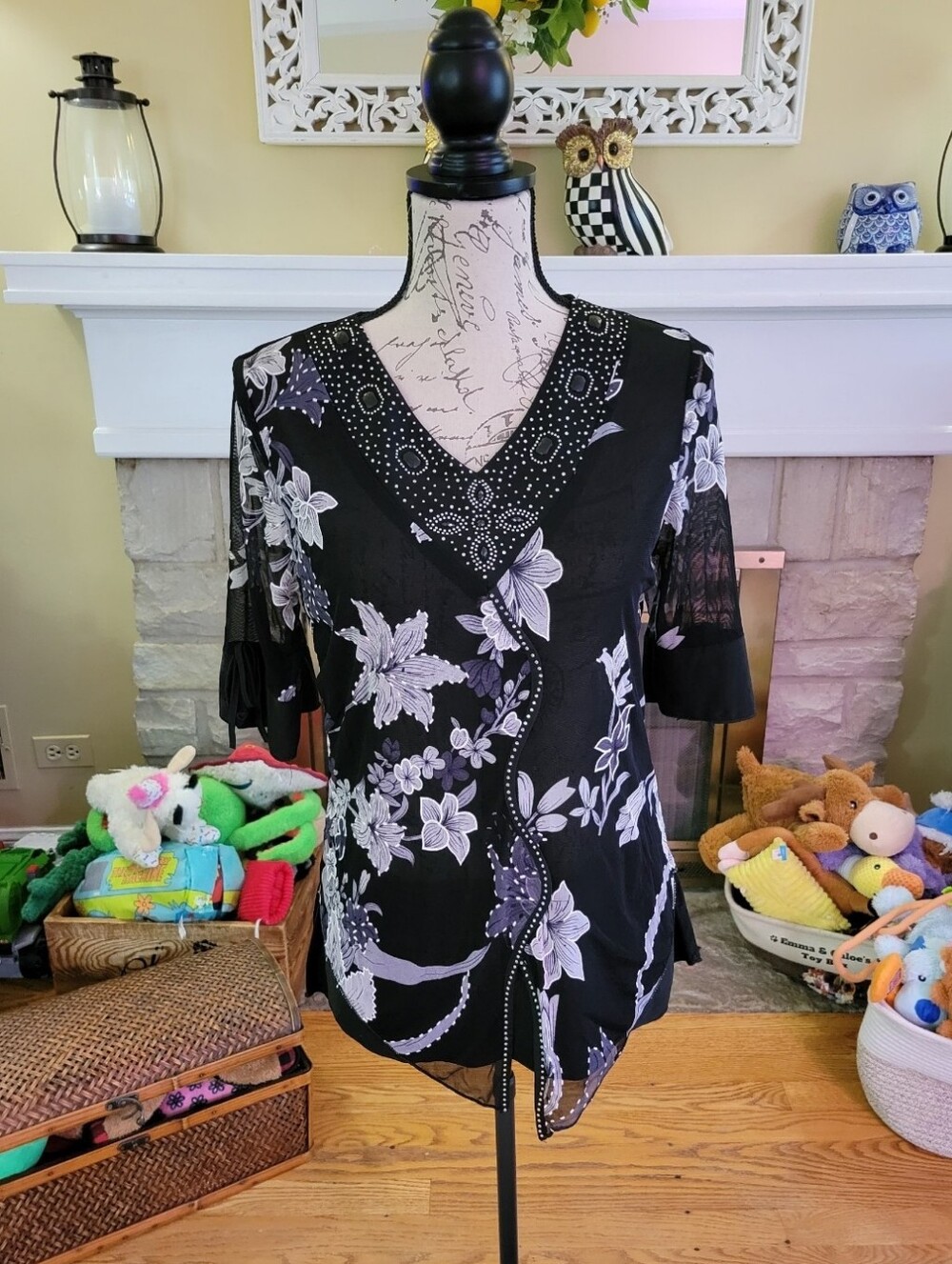 Black Floral V-Neck Women's Top with Embellished Trim